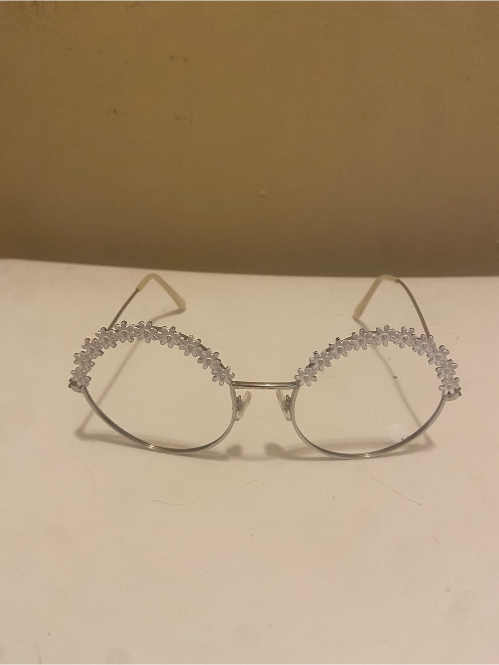 70s Festival Boho Whimsy Silver Round Glasses with White Floral Rim - NO LENSES